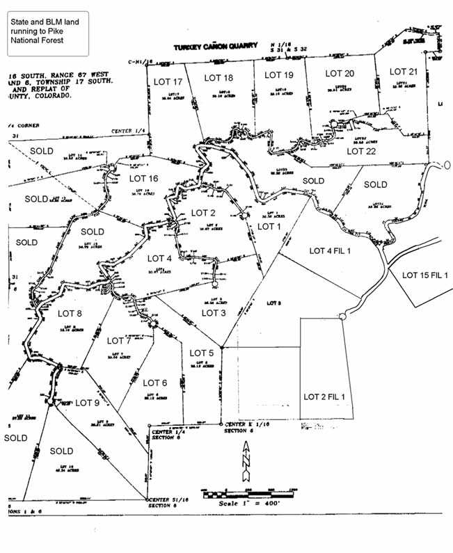 Survey map of the Turkey Cañon Ranch area, drawn in black ink on white, showing parcel lines, roadways, and section labels.